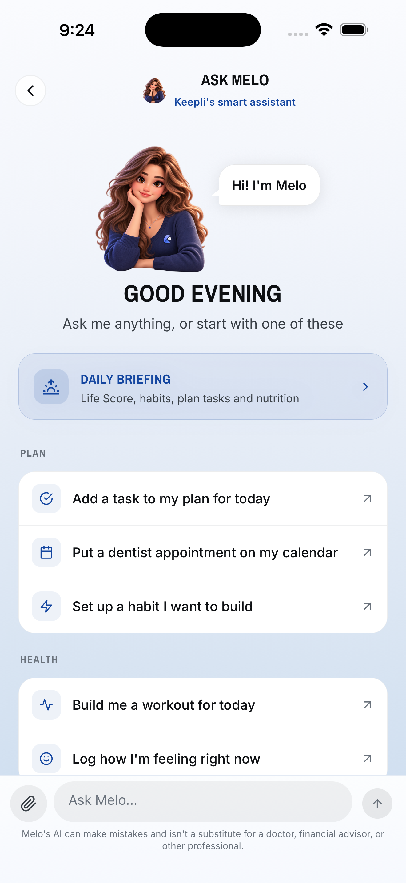 Ask Keepli — the Melo assistant offering a daily briefing and quick actions.
