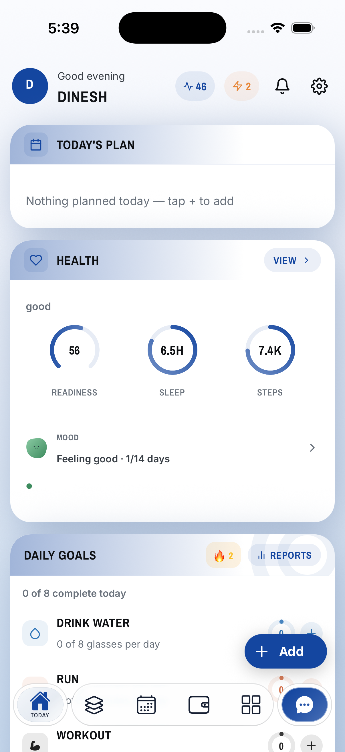 Keepli Today dashboard — today's plan, a health summary and daily goals.