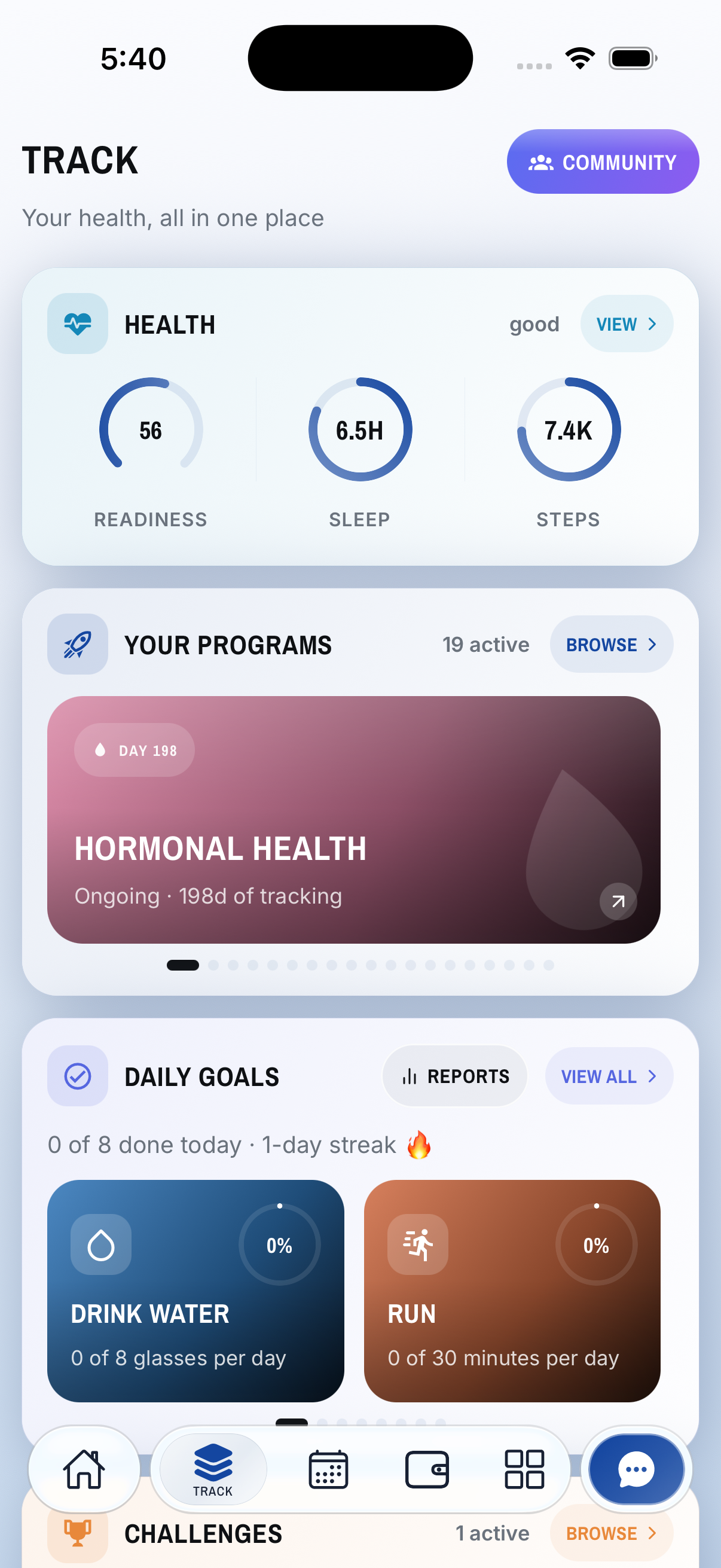 Keepli Track hub — readiness, sleep and steps rings with active programs.
